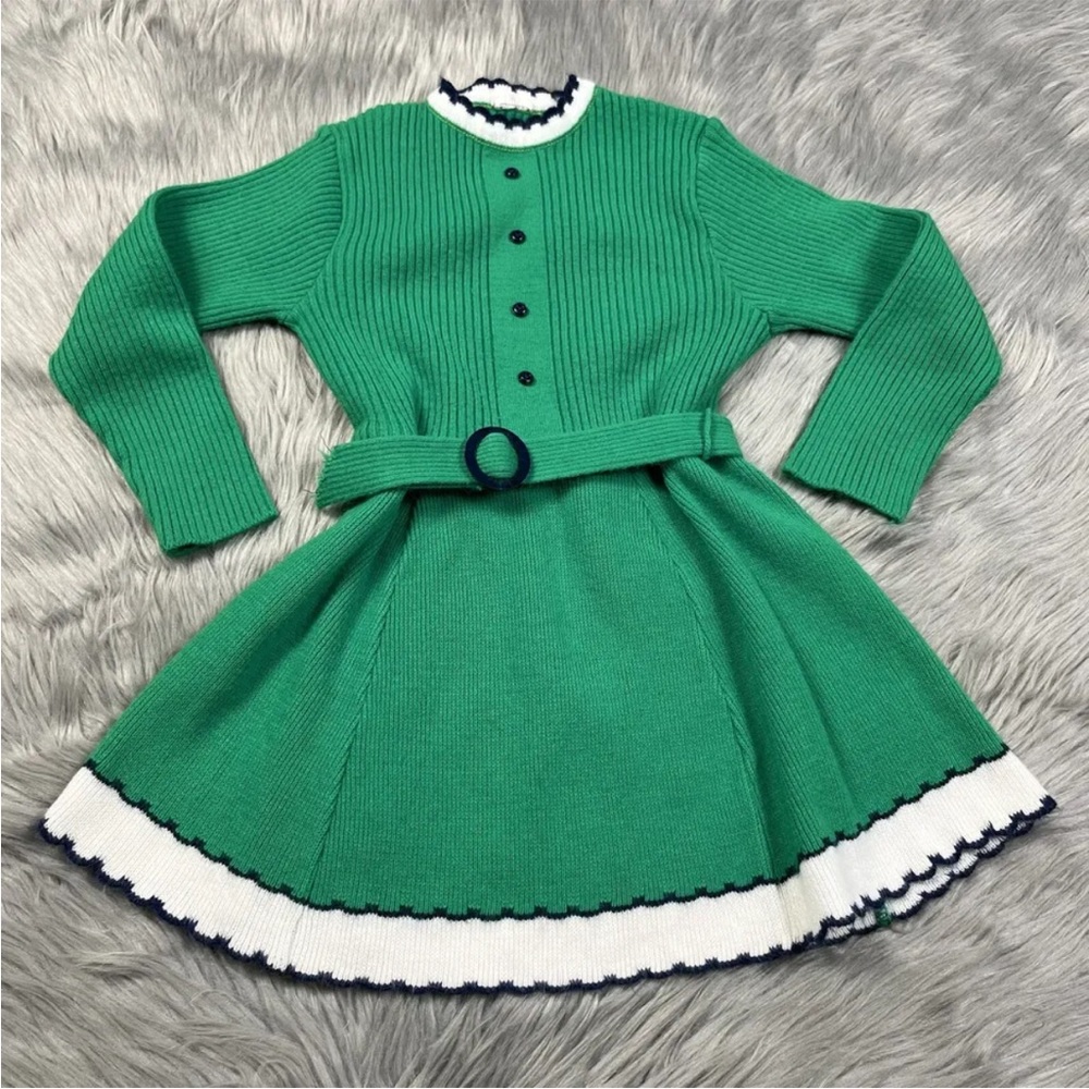 Vintage Girls Green Navy Knit Long Sleeve Belted Dress